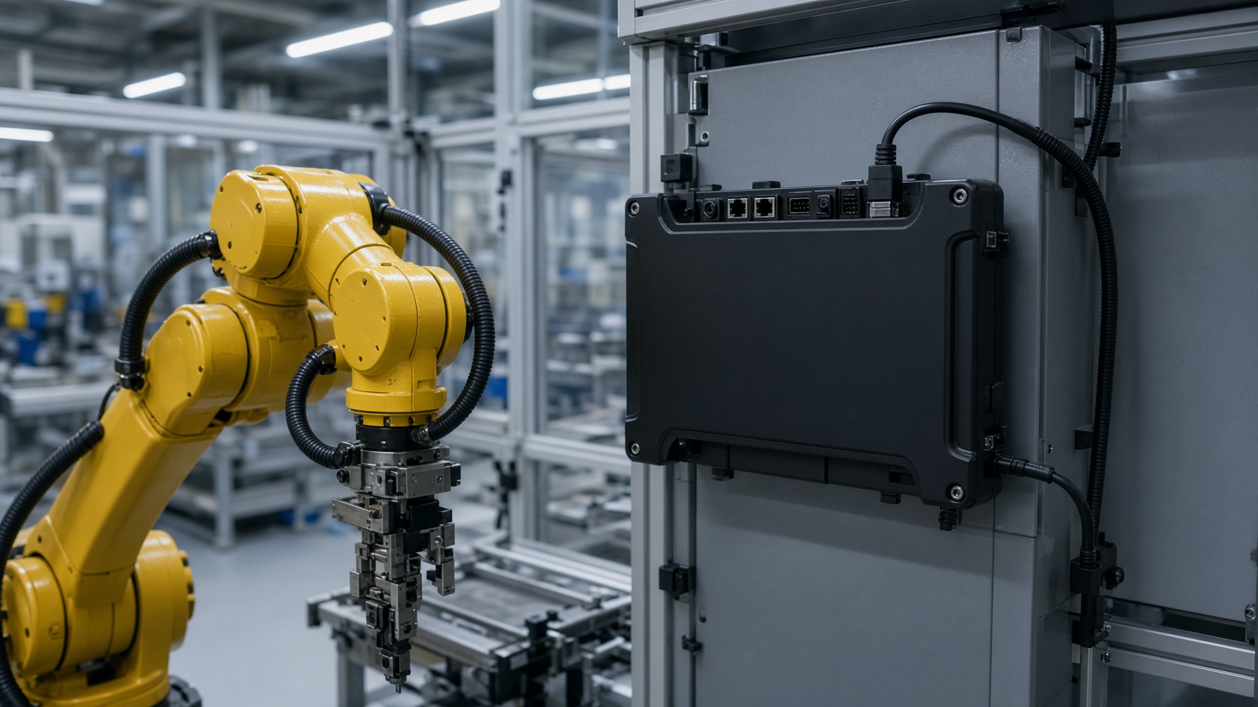 Robotic arm beside a fanless industrial PC